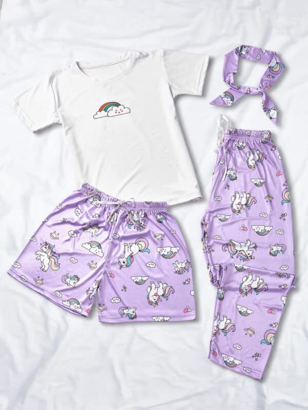 Unicorn Printed piping night suit combo of T-Shirt, pajama & shorts