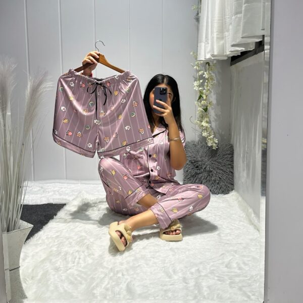 Printed piping night suit combo of shirt, pajama & shorts