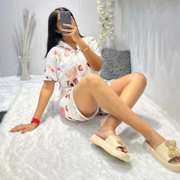 LADYSTUFF Printed piping night suit combo of Shirt and Shorts