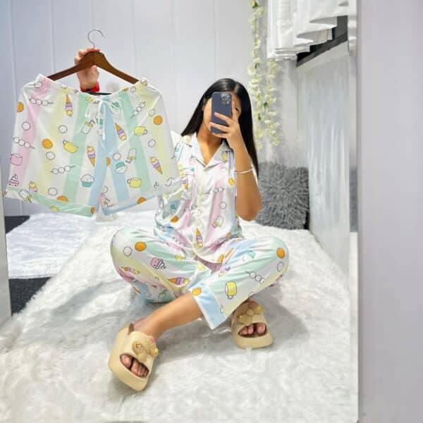 Stripe Printed night suit combo of shirt, pajama & shorts