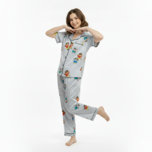 CLOTHEISM Girls Silk Blend Night Suit Set | Soft & Breathable Cartoon Printed Pajama Set | Kids Sleepwear for 4–14 Years