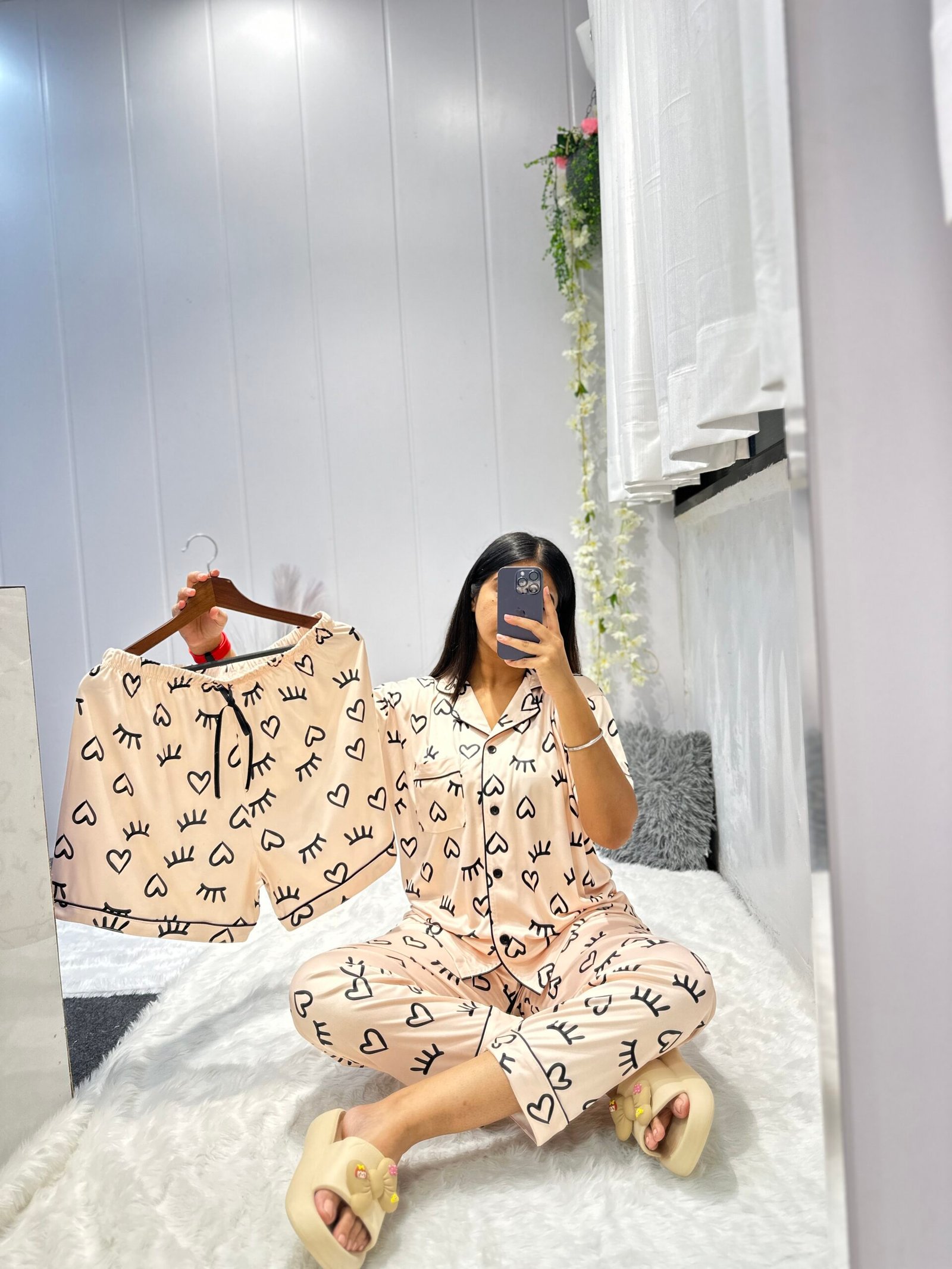 Women Night Suit Silk Blend | Abstract Heart Print 3-Piece Shirt, Pajama & Shorts Set (M–XXL)