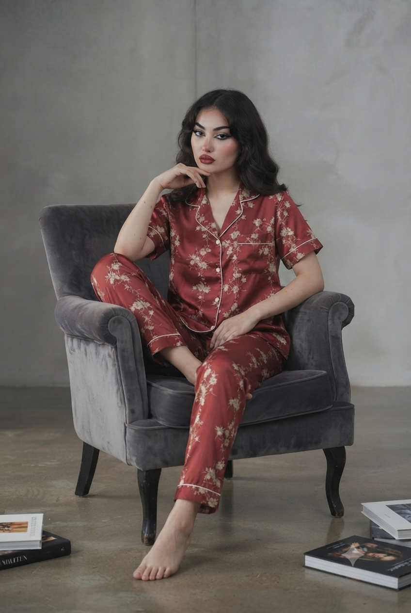 Model wearing floral print silk night suit