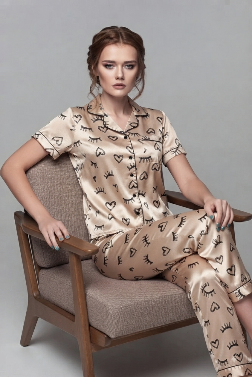 Model wearing ivory silk heart-print pajama set