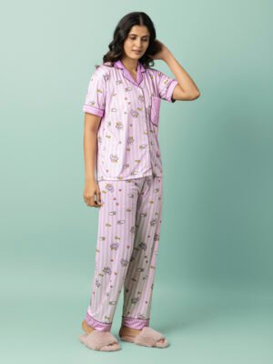 Women's Lavender Unicorn Stripe Night Suit | Silk Blend Shirt & Pajama Set
