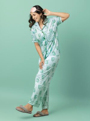 Women's Mint Green Star Print Night Suit | Silk Blend Button-Down Shirt & Pajama Set