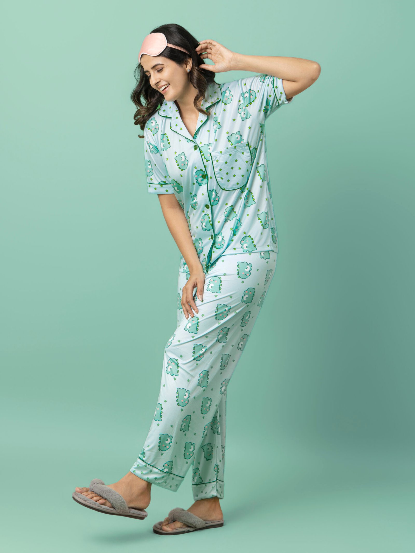 Women's Mint Green Star Print Night Suit | Silk Blend Button-Down Shirt & Pajama Set