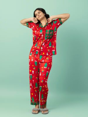 Women's Red Christmas Print Silk Blend Night Suit | Button-Down Shirt & Full-Length Pajama Set