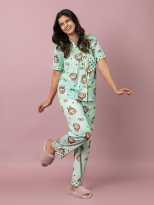 Women's Mint Green Cute Cartoon Print Night Suit | Silk Blend Shirt & Pajama Set