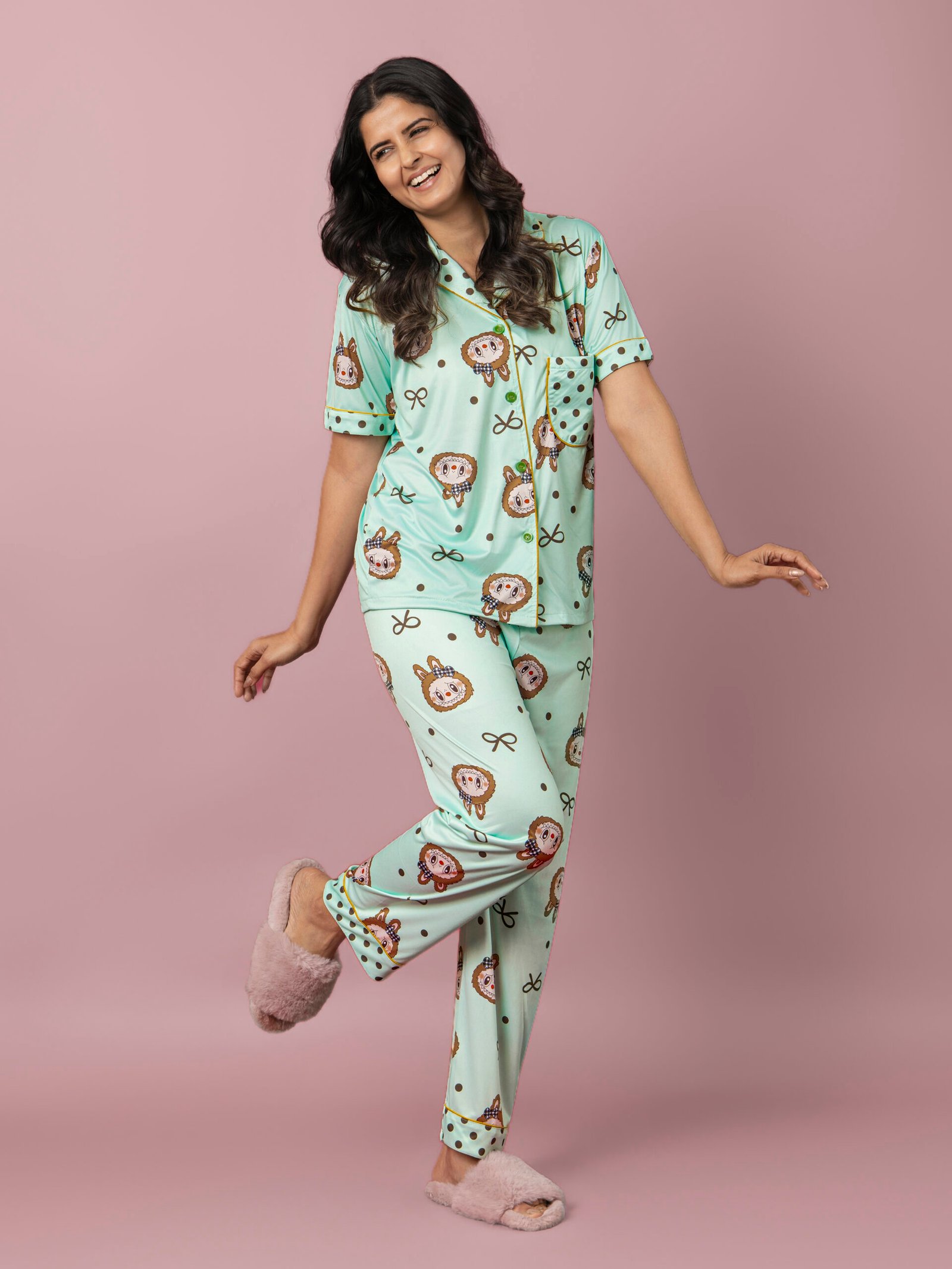 Women's Mint Green Cute Cartoon Print Night Suit | Silk Blend Shirt & Pajama Set
